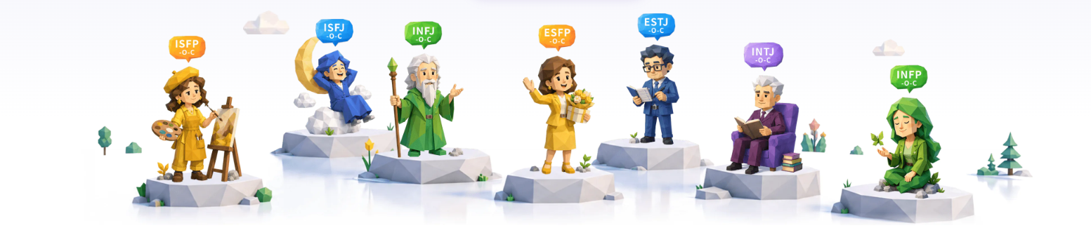 Colourful illustrated personality characters on individual platforms